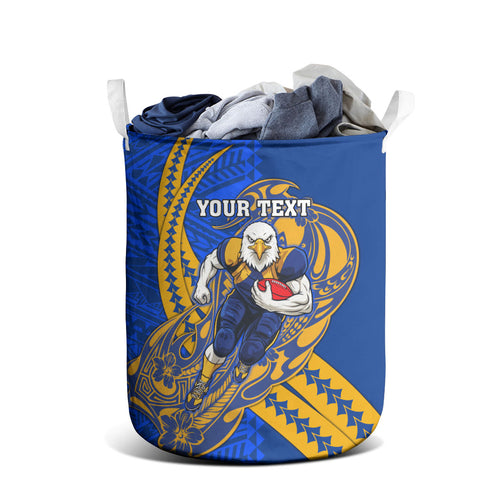 Personalized West Coast Eagles Laundry Basket Polynesian Tribal Eagle Mascot With Hibiscus Floral Art