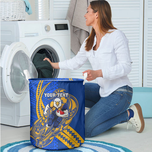 Personalized West Coast Eagles Laundry Basket Polynesian Tribal Eagle Mascot With Hibiscus Floral Art
