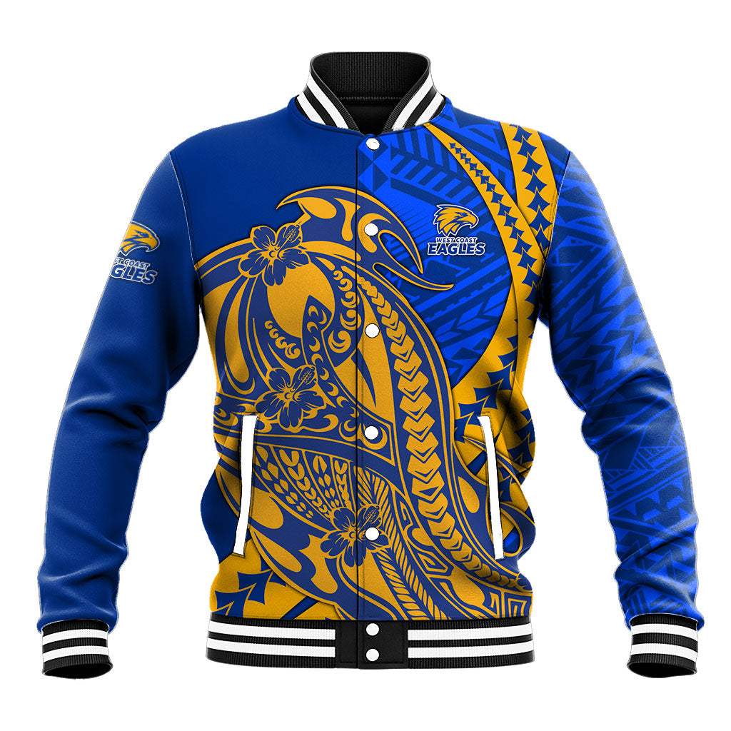Personalized West Coast Eagles Baseball Jacket Polynesian Tribal Eagle Mascot With Hibiscus Floral Art