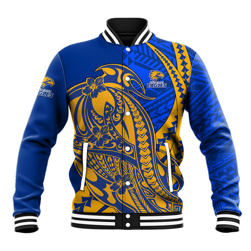 Personalized West Coast Eagles Baseball Jacket Polynesian Tribal Eagle Mascot With Hibiscus Floral Art