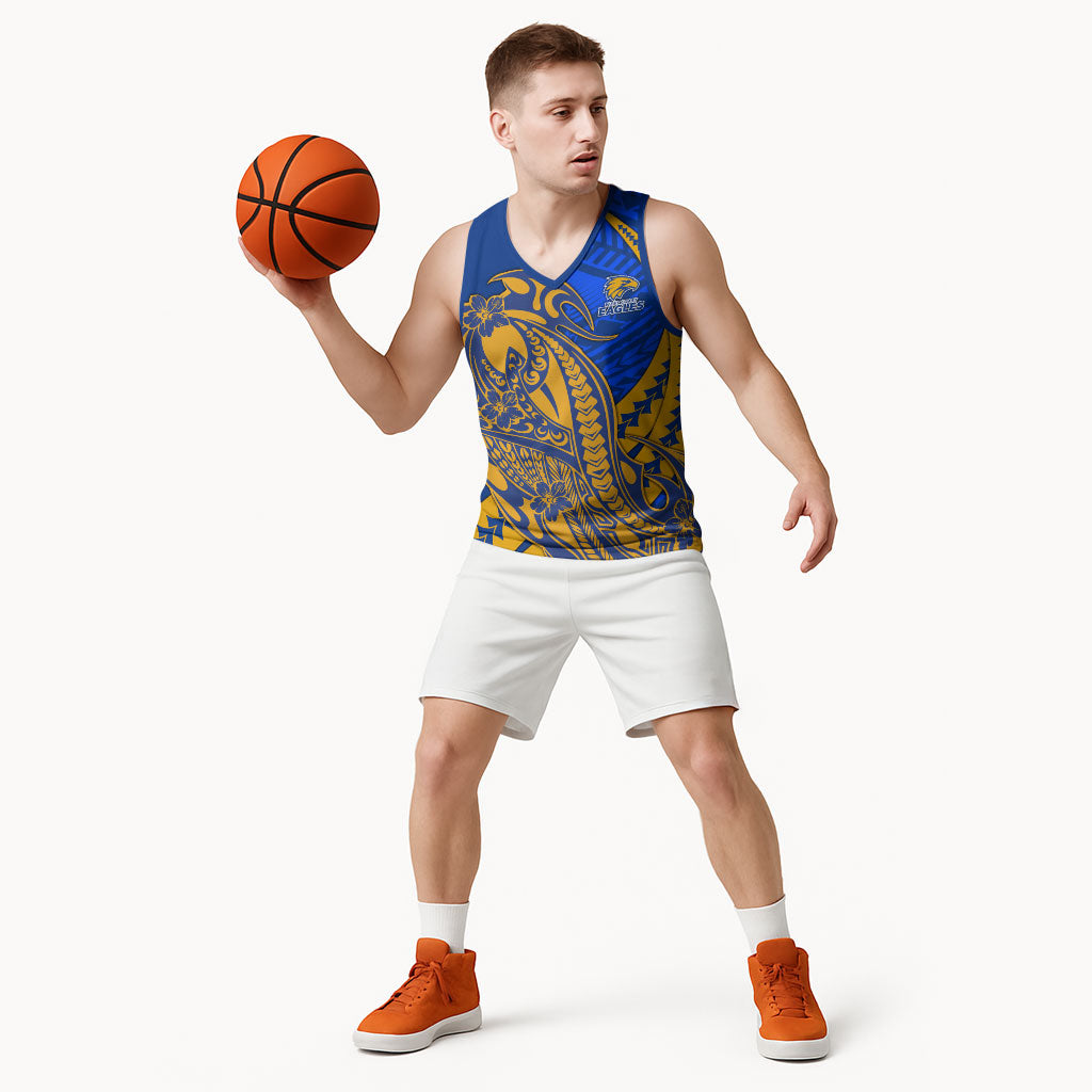 Personalized West Coast Eagles Basketball Jersey Polynesian Tribal Eagle Mascot With Hibiscus Floral Art