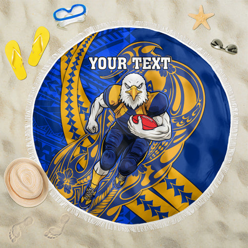Personalized West Coast Eagles Beach Blanket Polynesian Tribal Eagle Mascot With Hibiscus Floral Art