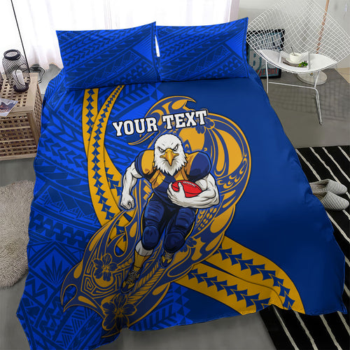 Personalized West Coast Eagles Bedding Set Polynesian Tribal Eagle Mascot With Hibiscus Floral Art