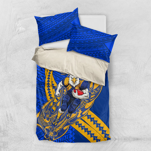 Personalized West Coast Eagles Bedding Set Polynesian Tribal Eagle Mascot With Hibiscus Floral Art