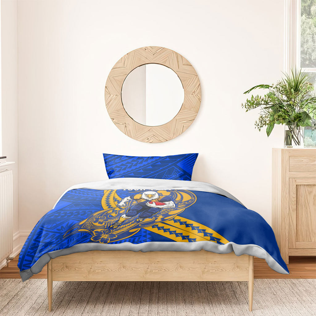 Personalized West Coast Eagles Bedding Set Polynesian Tribal Eagle Mascot With Hibiscus Floral Art