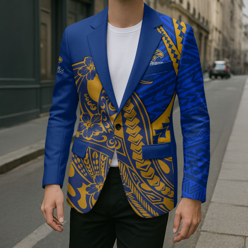 Personalized West Coast Eagles Blazer Polynesian Tribal Eagle Mascot With Hibiscus Floral Art