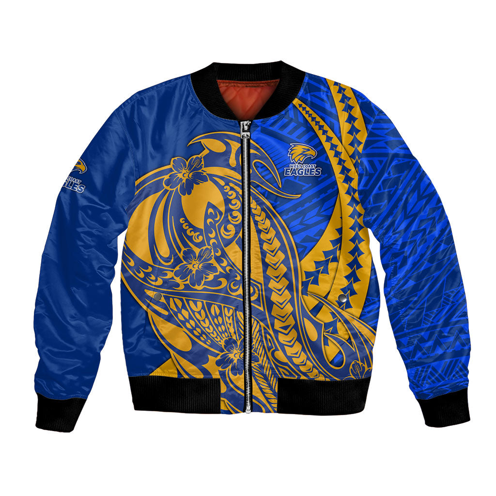 Personalized West Coast Eagles Bomber Jacket Polynesian Tribal Eagle Mascot With Hibiscus Floral Art