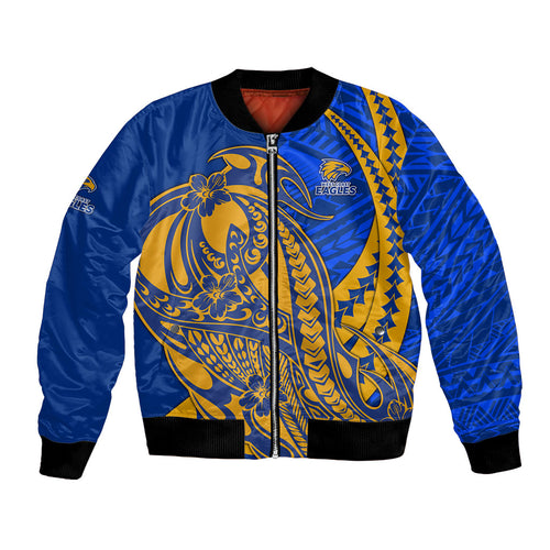 Personalized West Coast Eagles Bomber Jacket Polynesian Tribal Eagle Mascot With Hibiscus Floral Art