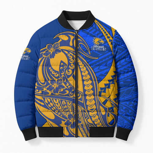 Personalized West Coast Eagles Bomber Puffer Jacket Polynesian Tribal Eagle Mascot With Hibiscus Floral Art