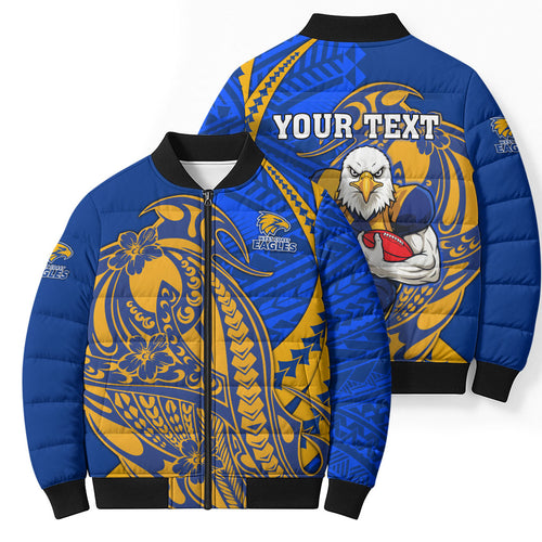 Personalized West Coast Eagles Bomber Puffer Jacket Polynesian Tribal Eagle Mascot With Hibiscus Floral Art