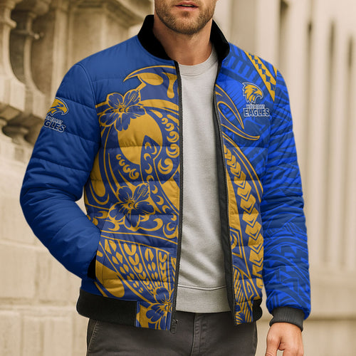 Personalized West Coast Eagles Bomber Puffer Jacket Polynesian Tribal Eagle Mascot With Hibiscus Floral Art