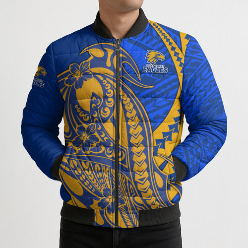 Personalized West Coast Eagles Bomber Puffer Jacket Polynesian Tribal Eagle Mascot With Hibiscus Floral Art
