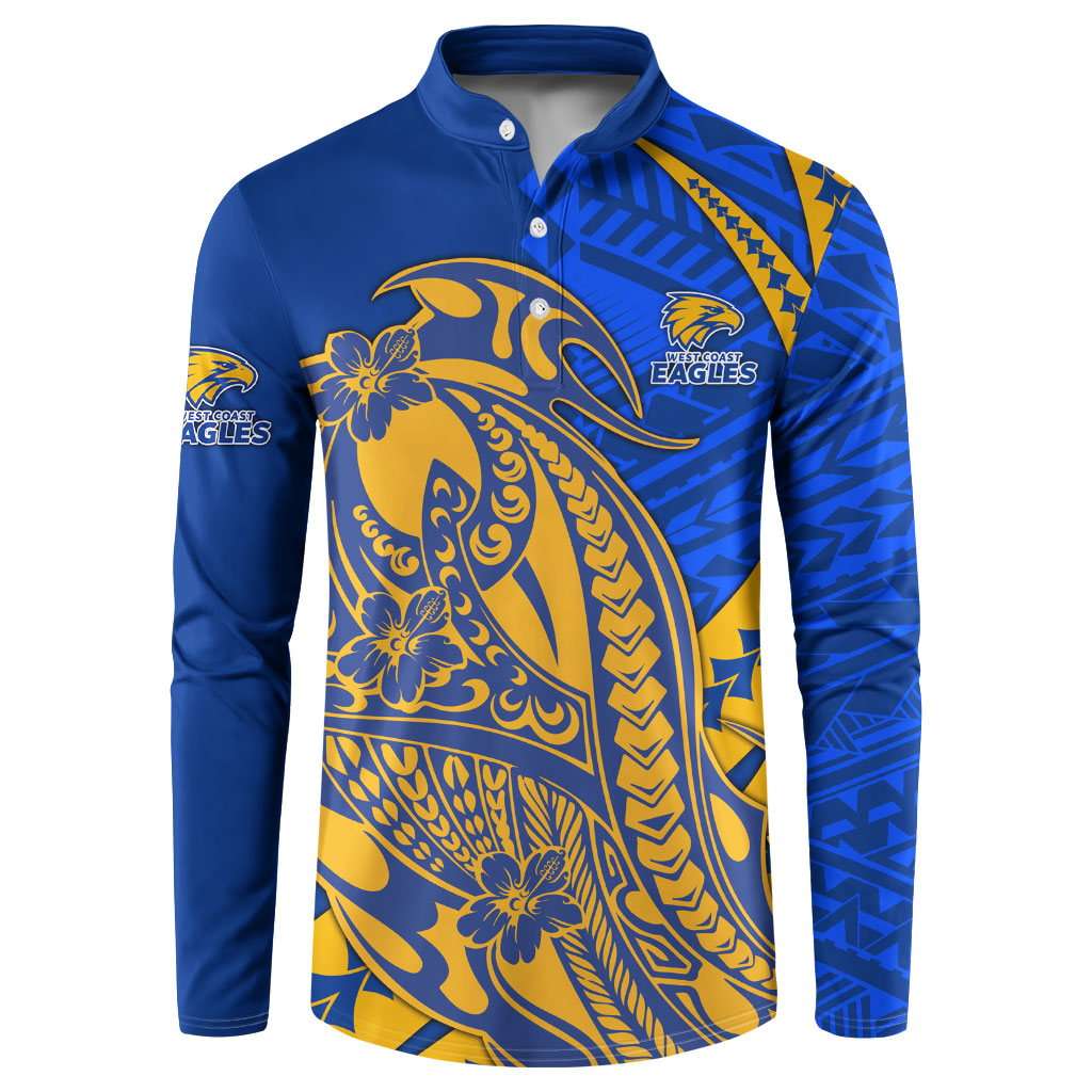 Personalized West Coast Eagles Button Sweatshirt Polynesian Tribal Eagle Mascot With Hibiscus Floral Art