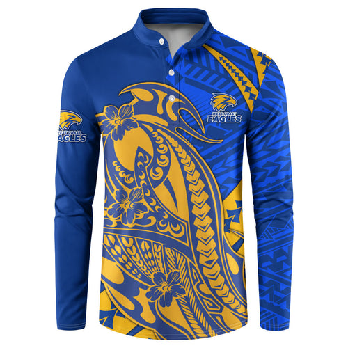 Personalized West Coast Eagles Button Sweatshirt Polynesian Tribal Eagle Mascot With Hibiscus Floral Art