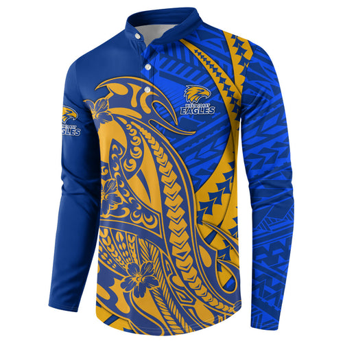 Personalized West Coast Eagles Button Sweatshirt Polynesian Tribal Eagle Mascot With Hibiscus Floral Art