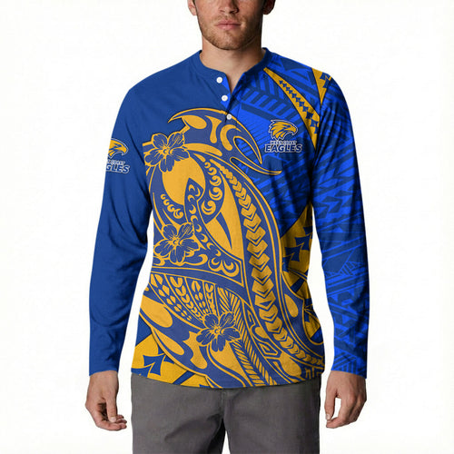 Personalized West Coast Eagles Button Sweatshirt Polynesian Tribal Eagle Mascot With Hibiscus Floral Art