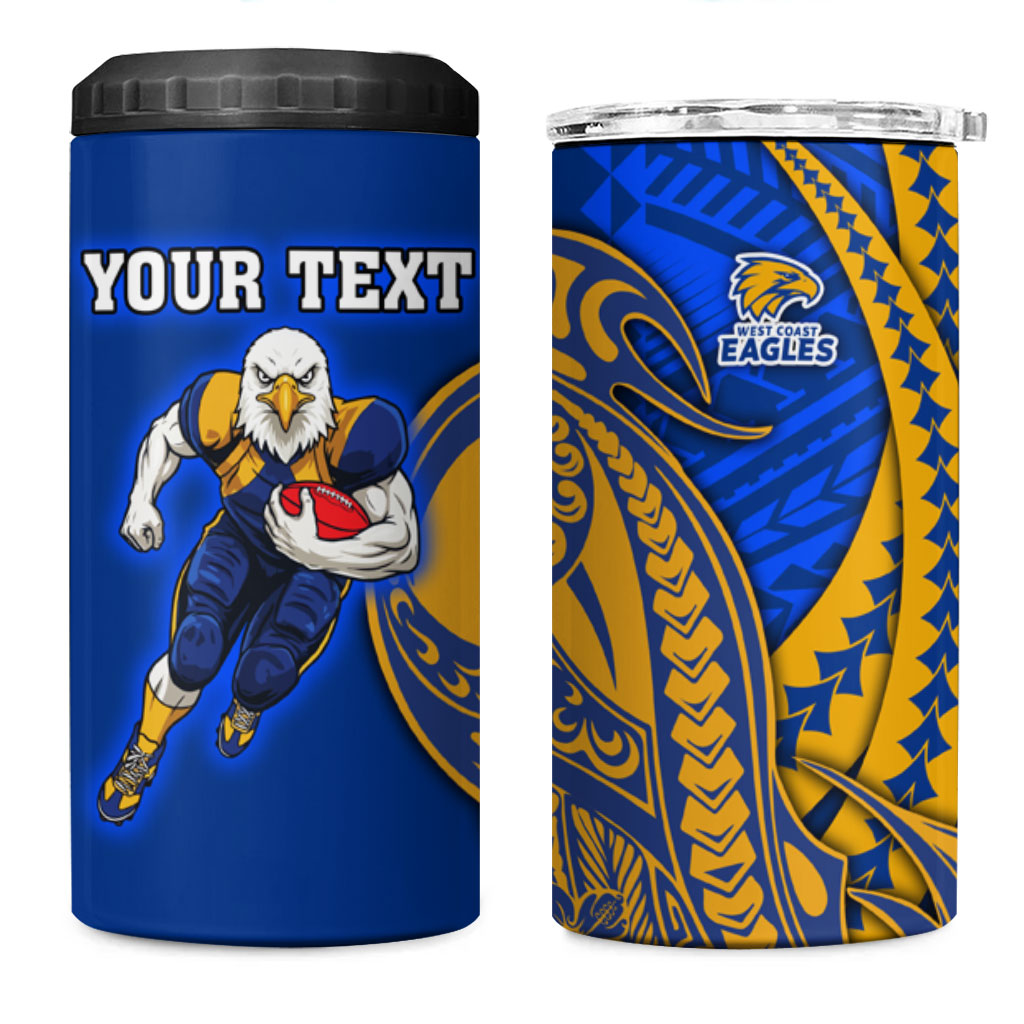 Personalized West Coast Eagles 4 in 1 Can Cooler Tumbler Polynesian Tribal Eagle Mascot With Hibiscus Floral Art