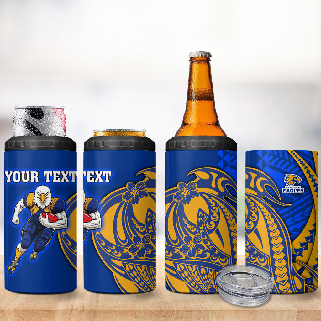 Personalized West Coast Eagles 4 in 1 Can Cooler Tumbler Polynesian Tribal Eagle Mascot With Hibiscus Floral Art