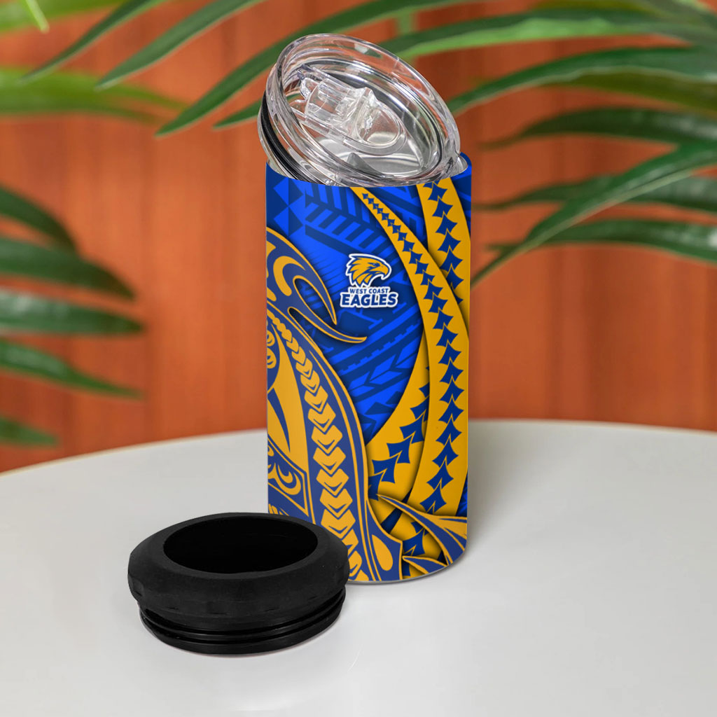 Personalized West Coast Eagles 4 in 1 Can Cooler Tumbler Polynesian Tribal Eagle Mascot With Hibiscus Floral Art