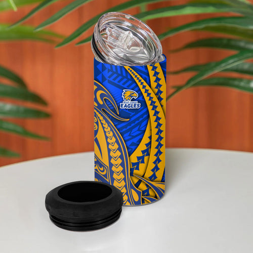 Personalized West Coast Eagles 4 in 1 Can Cooler Tumbler Polynesian Tribal Eagle Mascot With Hibiscus Floral Art