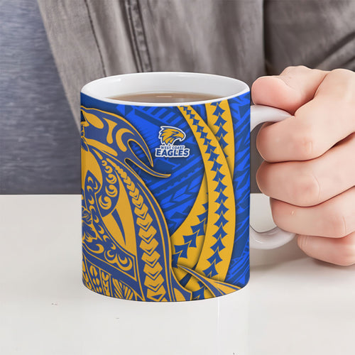 Personalized West Coast Eagles Ceramic Mug Polynesian Tribal Eagle Mascot With Hibiscus Floral Art