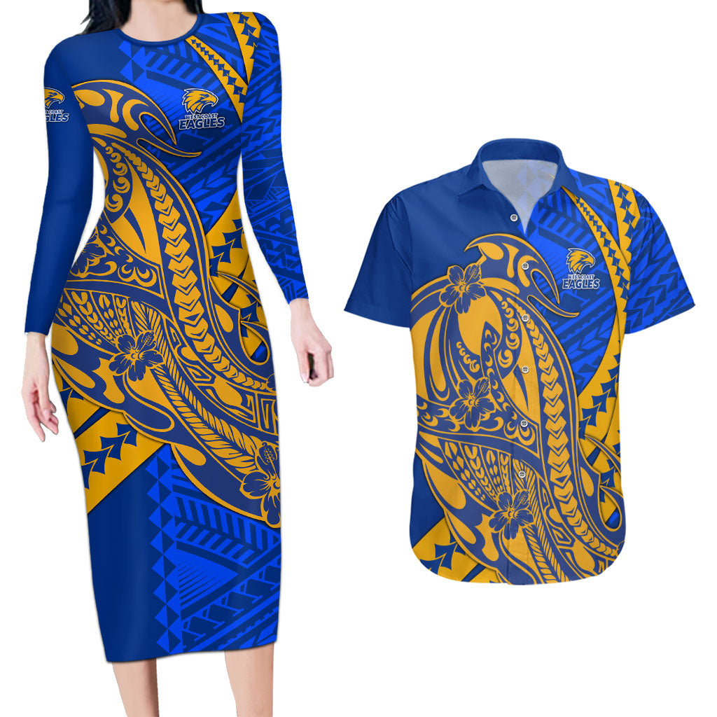 Personalized West Coast Eagles Couples Matching Long Sleeve Bodycon Dress and Hawaiian Shirt Polynesian Tribal Eagle Mascot With Hibiscus Floral Art