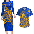 Personalized West Coast Eagles Couples Matching Long Sleeve Bodycon Dress and Hawaiian Shirt Polynesian Tribal Eagle Mascot With Hibiscus Floral Art