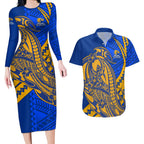 Personalized West Coast Eagles Couples Matching Long Sleeve Bodycon Dress and Hawaiian Shirt Polynesian Tribal Eagle Mascot With Hibiscus Floral Art
