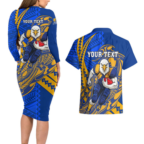 Personalized West Coast Eagles Couples Matching Long Sleeve Bodycon Dress and Hawaiian Shirt Polynesian Tribal Eagle Mascot With Hibiscus Floral Art