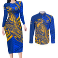 Personalized West Coast Eagles Couples Matching Long Sleeve Bodycon Dress and Long Sleeve Button Shirt Polynesian Tribal Eagle Mascot With Hibiscus Floral Art