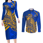 Personalized West Coast Eagles Couples Matching Long Sleeve Bodycon Dress and Long Sleeve Button Shirt Polynesian Tribal Eagle Mascot With Hibiscus Floral Art
