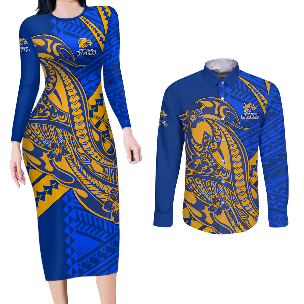 Personalized West Coast Eagles Couples Matching Long Sleeve Bodycon Dress and Long Sleeve Button Shirt Polynesian Tribal Eagle Mascot With Hibiscus Floral Art