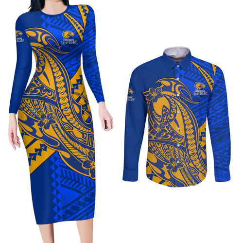 Personalized West Coast Eagles Couples Matching Long Sleeve Bodycon Dress and Long Sleeve Button Shirt Polynesian Tribal Eagle Mascot With Hibiscus Floral Art