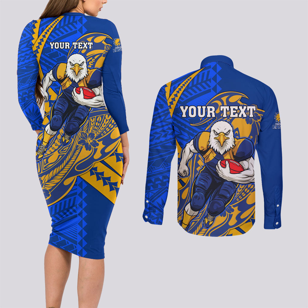 Personalized West Coast Eagles Couples Matching Long Sleeve Bodycon Dress and Long Sleeve Button Shirt Polynesian Tribal Eagle Mascot With Hibiscus Floral Art