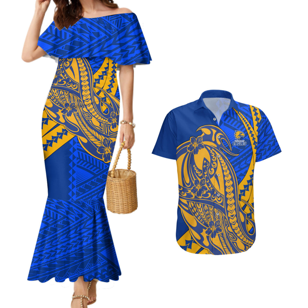 Personalized West Coast Eagles Couples Matching Mermaid Dress and Hawaiian Shirt Polynesian Tribal Eagle Mascot With Hibiscus Floral Art