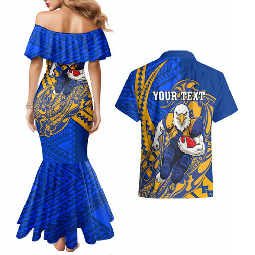 Personalized West Coast Eagles Couples Matching Mermaid Dress and Hawaiian Shirt Polynesian Tribal Eagle Mascot With Hibiscus Floral Art