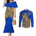 Personalized West Coast Eagles Couples Matching Mermaid Dress and Long Sleeve Button Shirt Polynesian Tribal Eagle Mascot With Hibiscus Floral Art