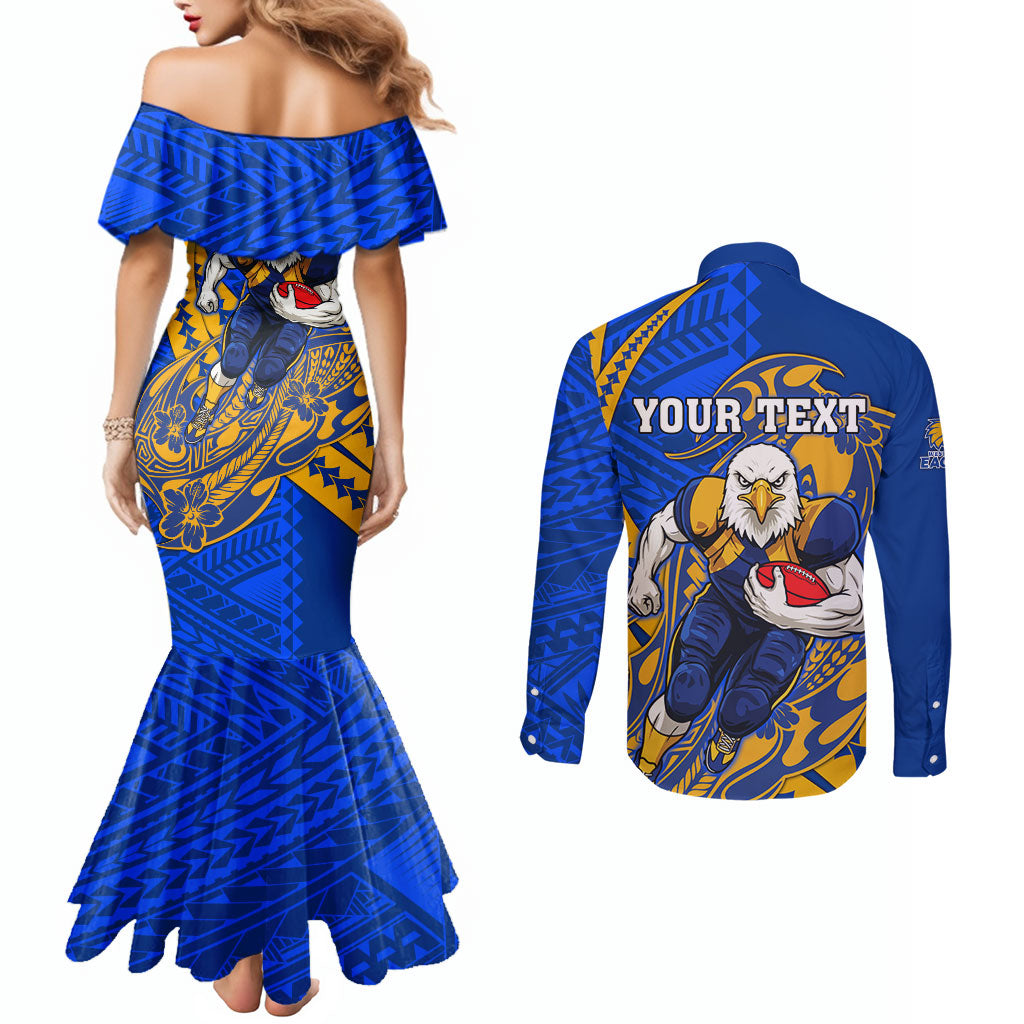 Personalized West Coast Eagles Couples Matching Mermaid Dress and Long Sleeve Button Shirt Polynesian Tribal Eagle Mascot With Hibiscus Floral Art