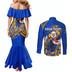 Personalized West Coast Eagles Couples Matching Mermaid Dress and Long Sleeve Button Shirt Polynesian Tribal Eagle Mascot With Hibiscus Floral Art