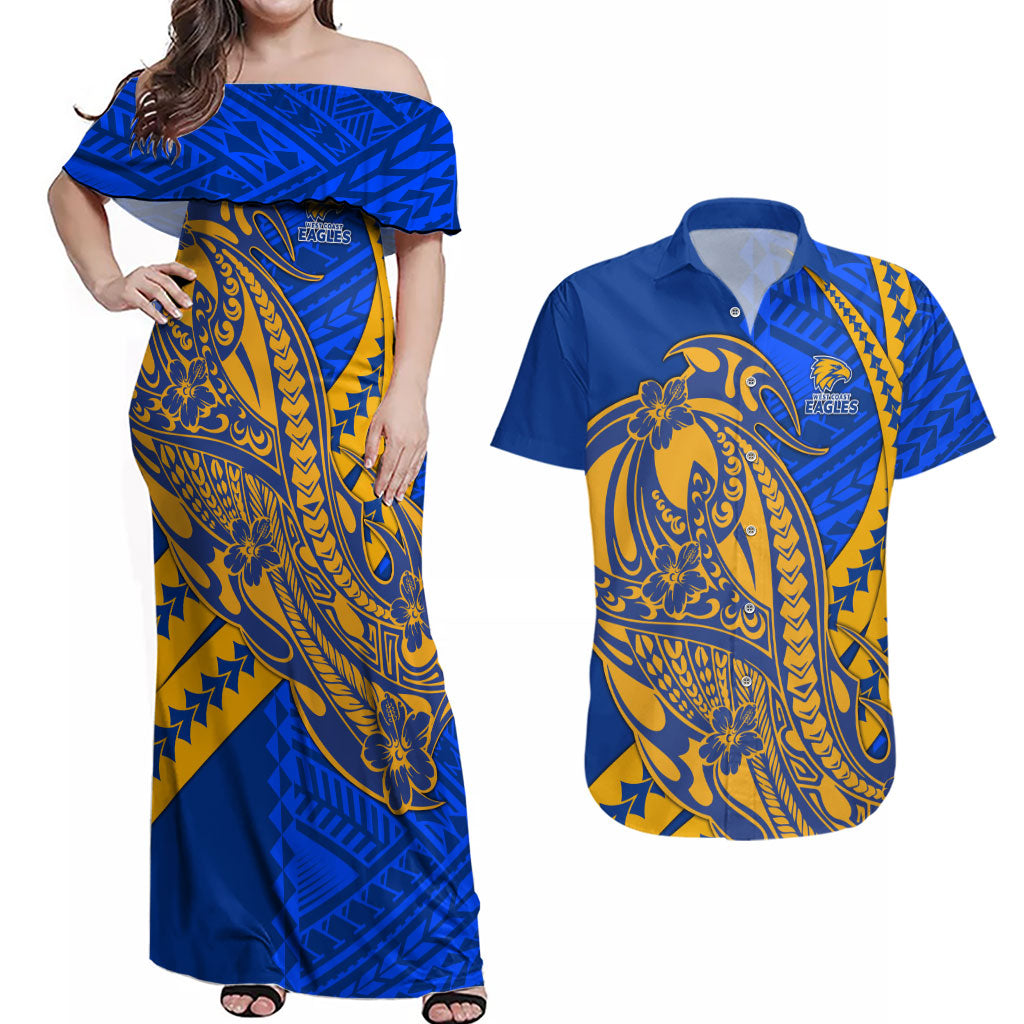 Personalized West Coast Eagles Couples Matching Off Shoulder Maxi Dress and Hawaiian Shirt Polynesian Tribal Eagle Mascot With Hibiscus Floral Art