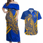Personalized West Coast Eagles Couples Matching Off Shoulder Maxi Dress and Hawaiian Shirt Polynesian Tribal Eagle Mascot With Hibiscus Floral Art
