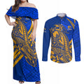 Personalized West Coast Eagles Couples Matching Off Shoulder Maxi Dress and Long Sleeve Button Shirt Polynesian Tribal Eagle Mascot With Hibiscus Floral Art