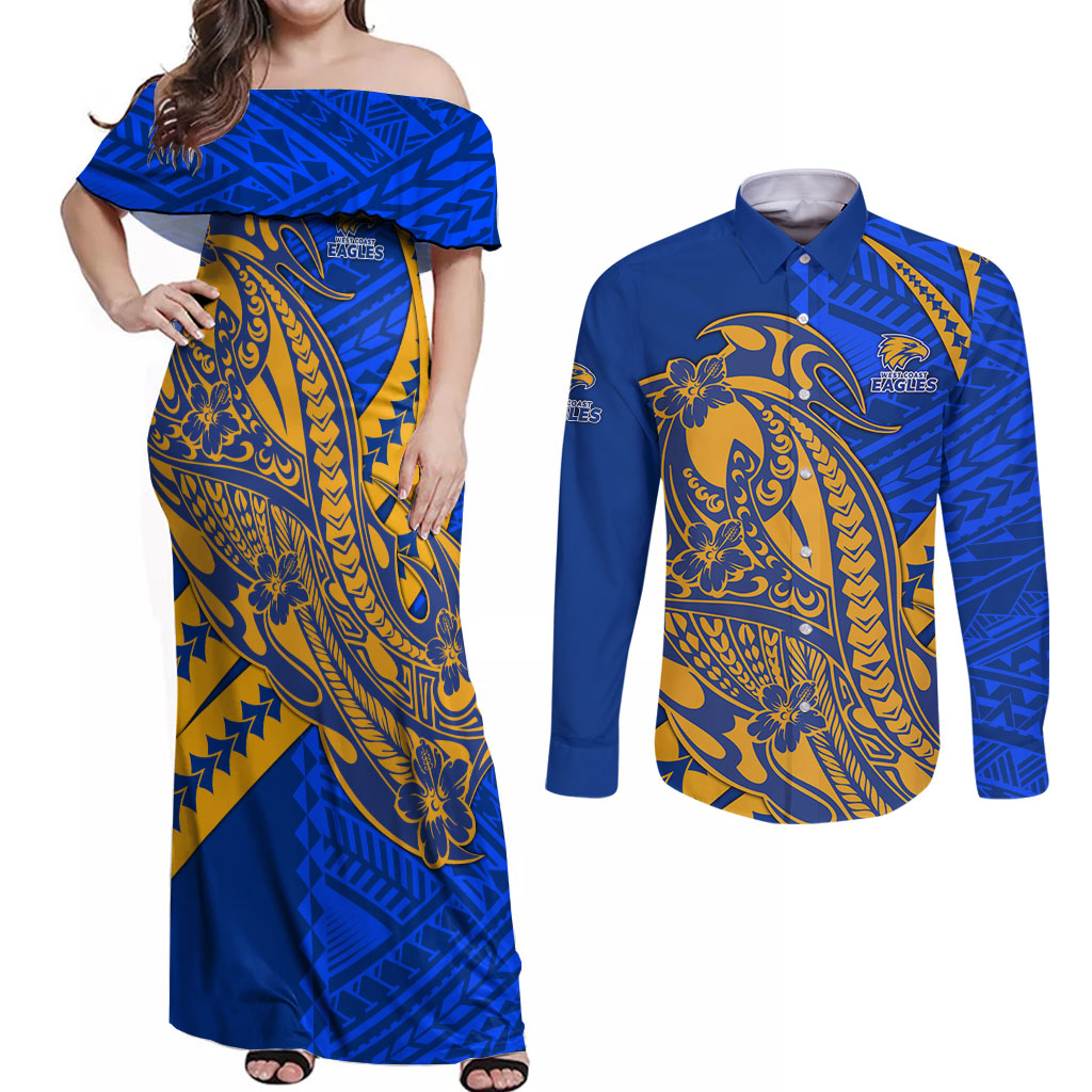 Personalized West Coast Eagles Couples Matching Off Shoulder Maxi Dress and Long Sleeve Button Shirt Polynesian Tribal Eagle Mascot With Hibiscus Floral Art