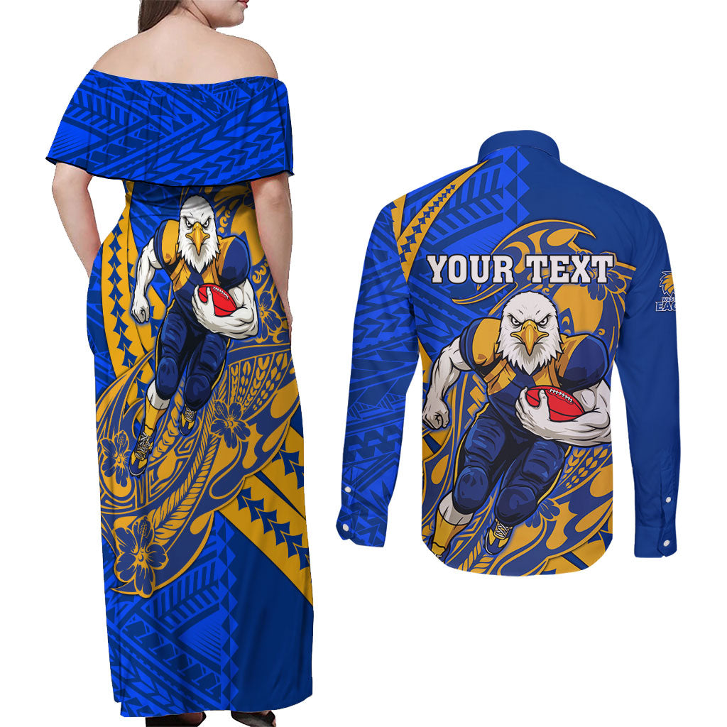 Personalized West Coast Eagles Couples Matching Off Shoulder Maxi Dress and Long Sleeve Button Shirt Polynesian Tribal Eagle Mascot With Hibiscus Floral Art
