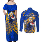 Personalized West Coast Eagles Couples Matching Off Shoulder Maxi Dress and Long Sleeve Button Shirt Polynesian Tribal Eagle Mascot With Hibiscus Floral Art