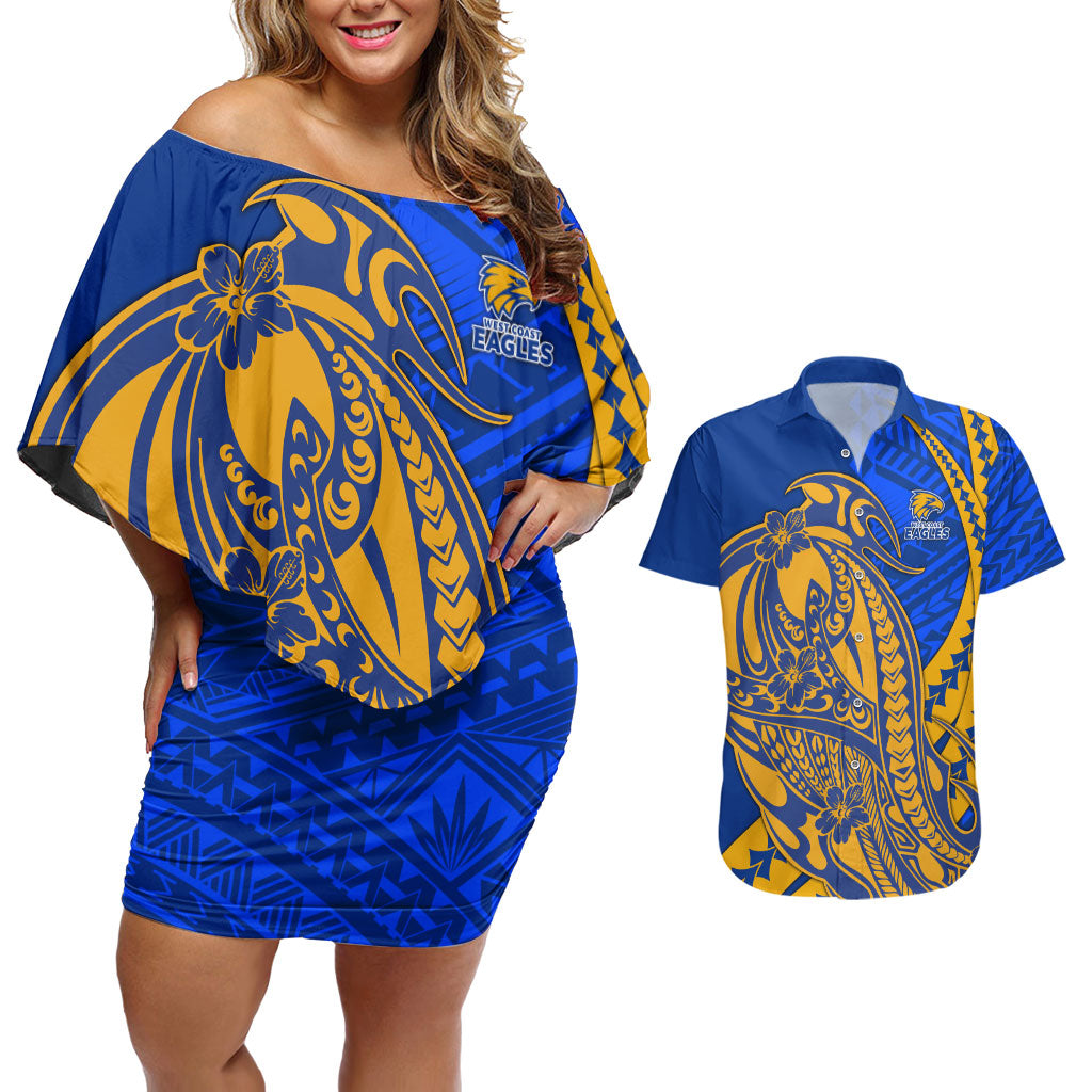 Personalized West Coast Eagles Couples Matching Off Shoulder Short Dress and Hawaiian Shirt Polynesian Tribal Eagle Mascot With Hibiscus Floral Art