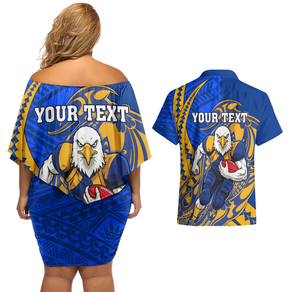 Personalized West Coast Eagles Couples Matching Off Shoulder Short Dress and Hawaiian Shirt Polynesian Tribal Eagle Mascot With Hibiscus Floral Art