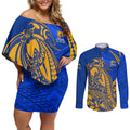 Personalized West Coast Eagles Couples Matching Off Shoulder Short Dress and Long Sleeve Button Shirt Polynesian Tribal Eagle Mascot With Hibiscus Floral Art