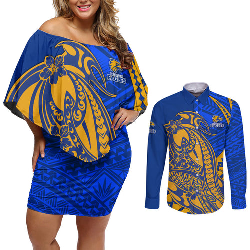 Personalized West Coast Eagles Couples Matching Off Shoulder Short Dress and Long Sleeve Button Shirt Polynesian Tribal Eagle Mascot With Hibiscus Floral Art