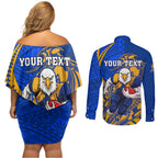 Personalized West Coast Eagles Couples Matching Off Shoulder Short Dress and Long Sleeve Button Shirt Polynesian Tribal Eagle Mascot With Hibiscus Floral Art
